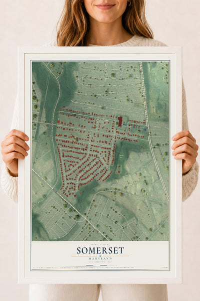 Map of Somerset, Maryland, 18 x 24 inch print in a white wood frame