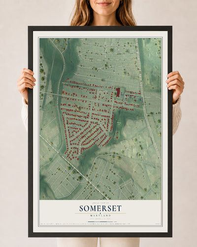 Map of Somerset, Maryland, 24 x 36 inch print in a black wood frame