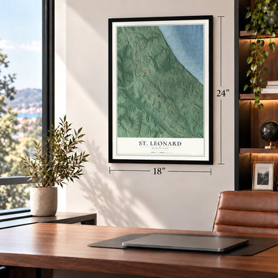 St. Leonard, Maryland map, 18 x 24 inch print in a black frame in a home office