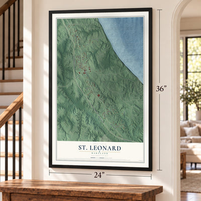 St. Leonard, Maryland map, 24 x 36 inch print in a black frame by a staircase