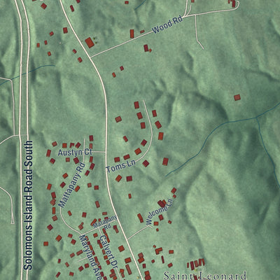 Close-up of the map of St. Leonard, Maryland print showing street and building detail