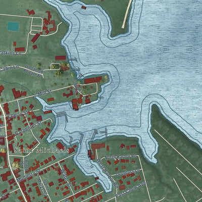 Close-up of the map of St. Michaels, Maryland print showing street and building detail