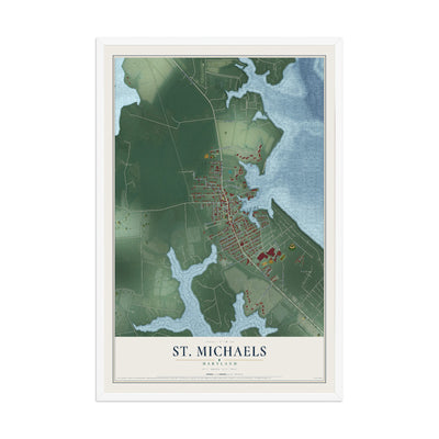 Map of St. Michaels, Maryland, 12 x 18 inch print in a white wood frame