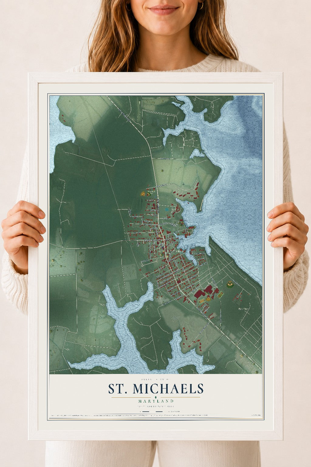 Map of St. Michaels, Maryland, 18 x 24 inch print in a white wood frame