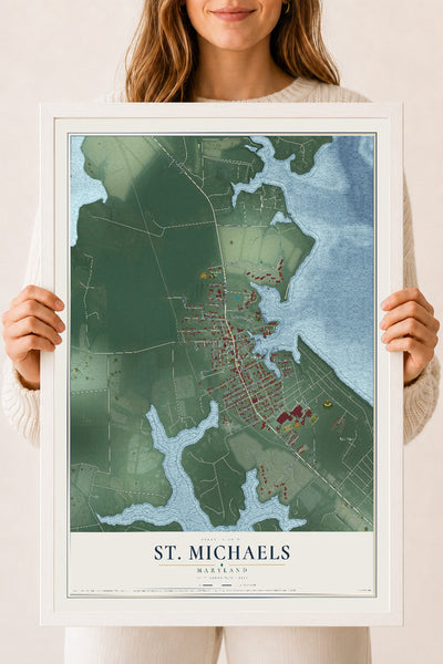 Map of St. Michaels, Maryland, 18 x 24 inch print in a white wood frame