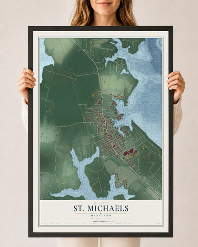 Map of St. Michaels, Maryland, 24 x 36 inch print in a black wood frame
