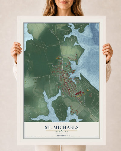 Map of St. Michaels, Maryland, 24 x 36 inch print in a white wood frame