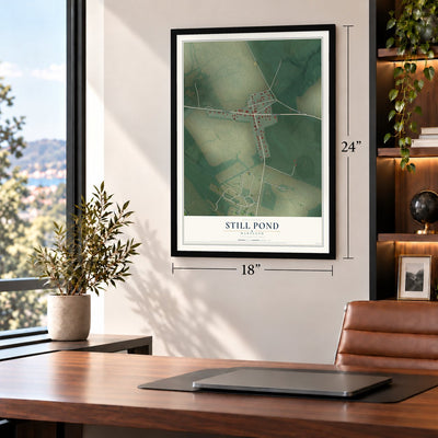 Still Pond, Maryland map, 18 x 24 inch print in a black frame in a home office