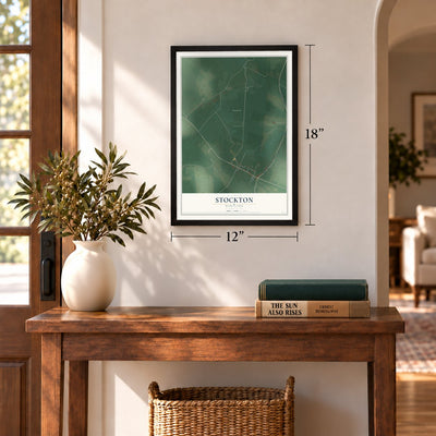 Stockton, Maryland map, 12 x 18 inch print in a black frame in an entryway