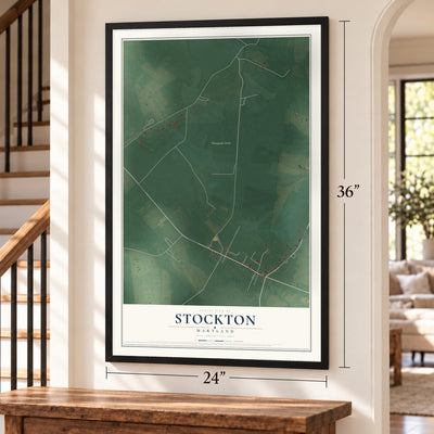 Stockton, Maryland map, 24 x 36 inch print in a black frame by a staircase