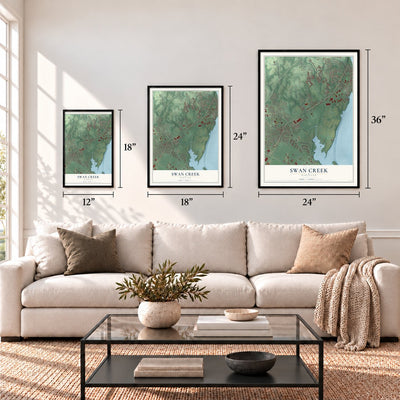 Swan Creek, Maryland map in 12 x 18, 18 x 24 and 24 x 36 inch sizes above a sofa