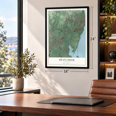 Swan Creek, Maryland map, 18 x 24 inch print in a black frame in a home office