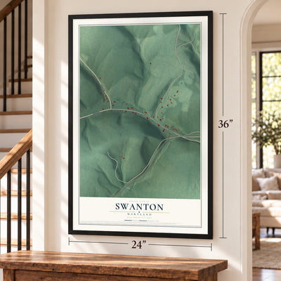 Swanton, Maryland map, 24 x 36 inch print in a black frame by a staircase