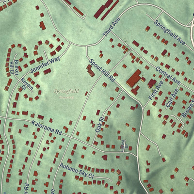 Close-up of the map of Sykesville, Maryland print showing street and building detail