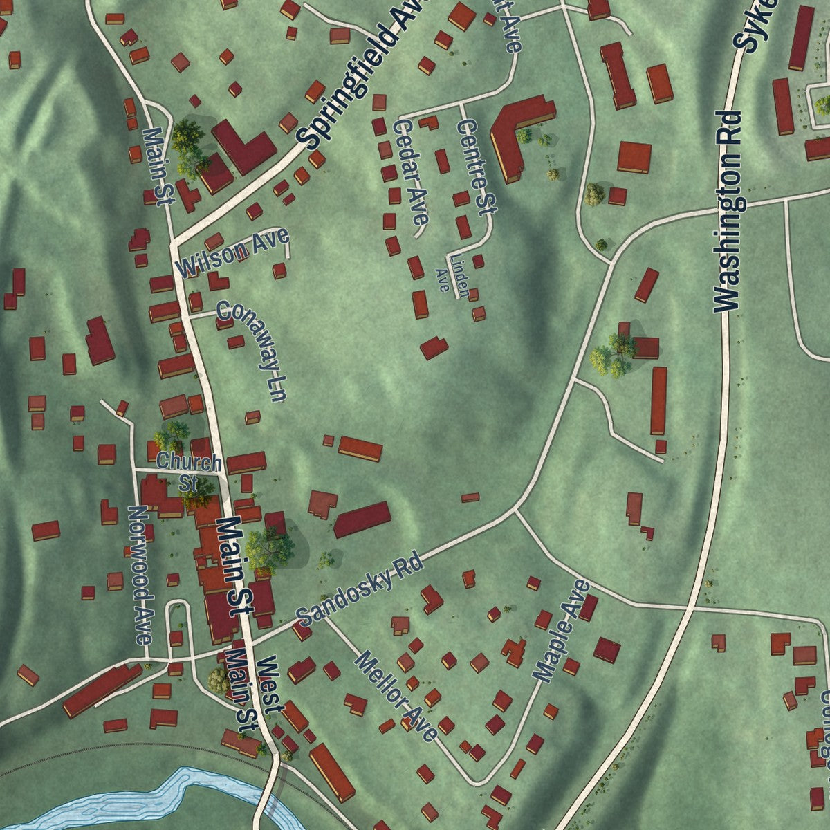 Second close-up of the map of Sykesville, Maryland print showing more streets and buildings