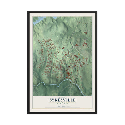 Map of Sykesville, Maryland, 12 x 18 inch print in a black wood frame