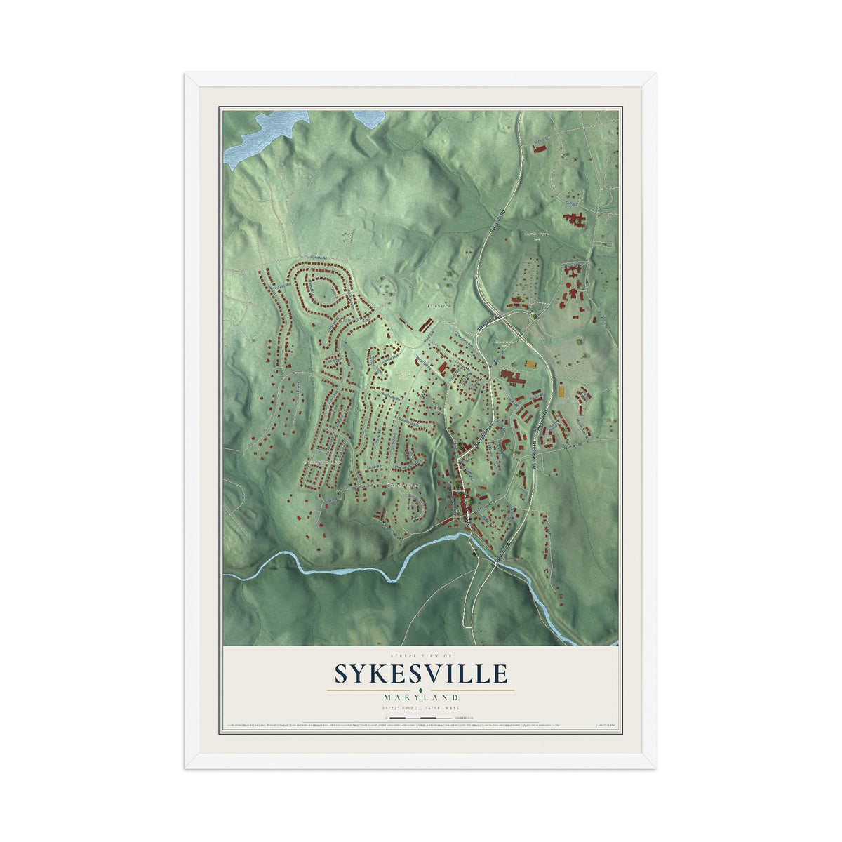 Map of Sykesville, Maryland, 12 x 18 inch print in a white wood frame