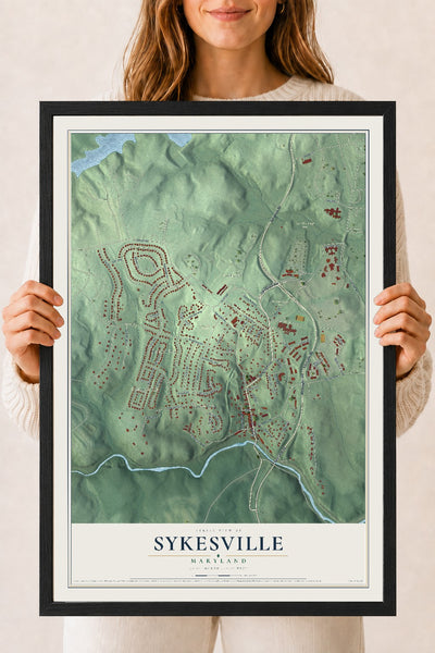 Map of Sykesville, Maryland, 18 x 24 inch print in a black wood frame