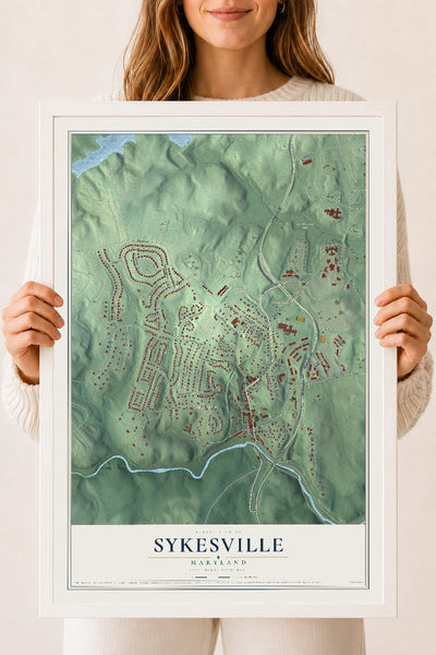 Map of Sykesville, Maryland, 18 x 24 inch print in a white wood frame