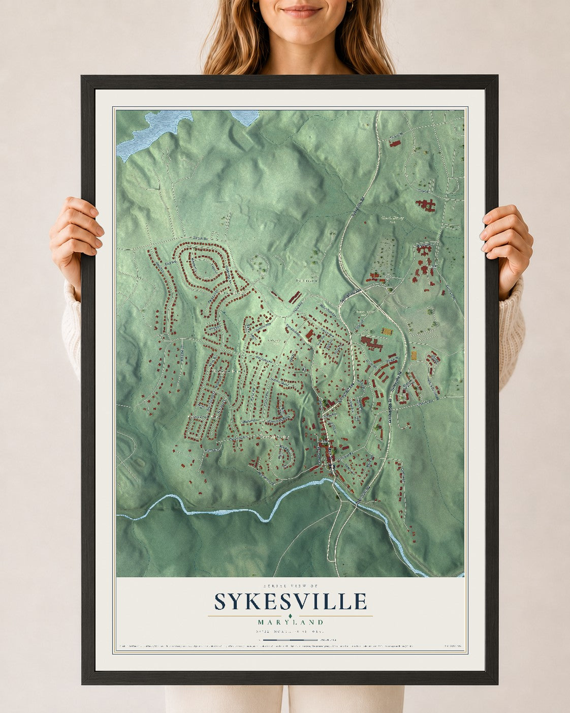 Map of Sykesville, Maryland, 24 x 36 inch print in a black wood frame