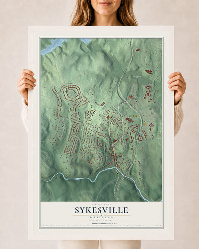 Map of Sykesville, Maryland, 24 x 36 inch print in a white wood frame