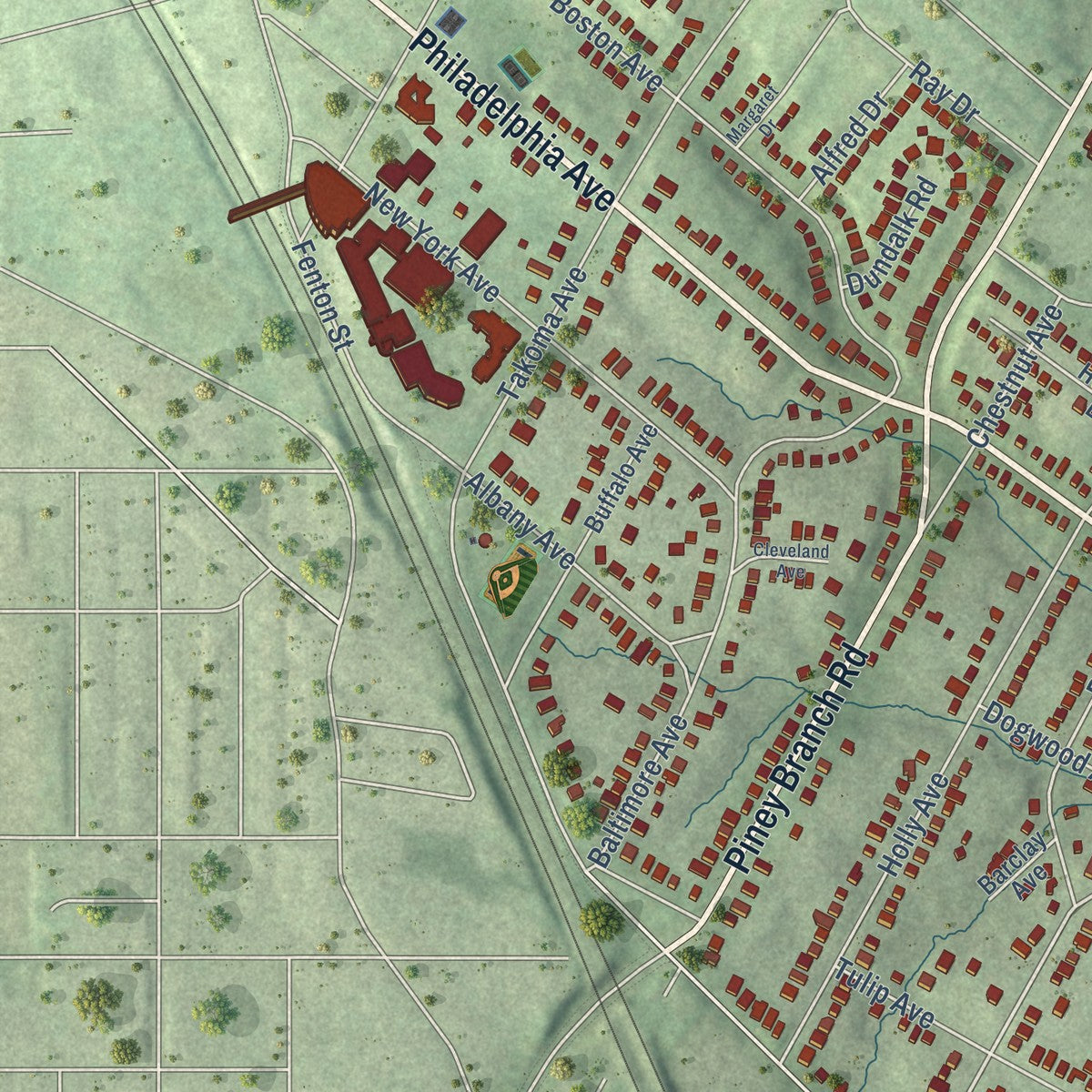 Second close-up of the map of Takoma Park, Maryland print showing more streets and buildings