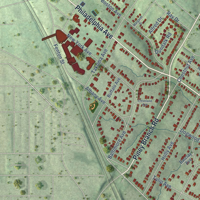 Second close-up of the map of Takoma Park, Maryland print showing more streets and buildings