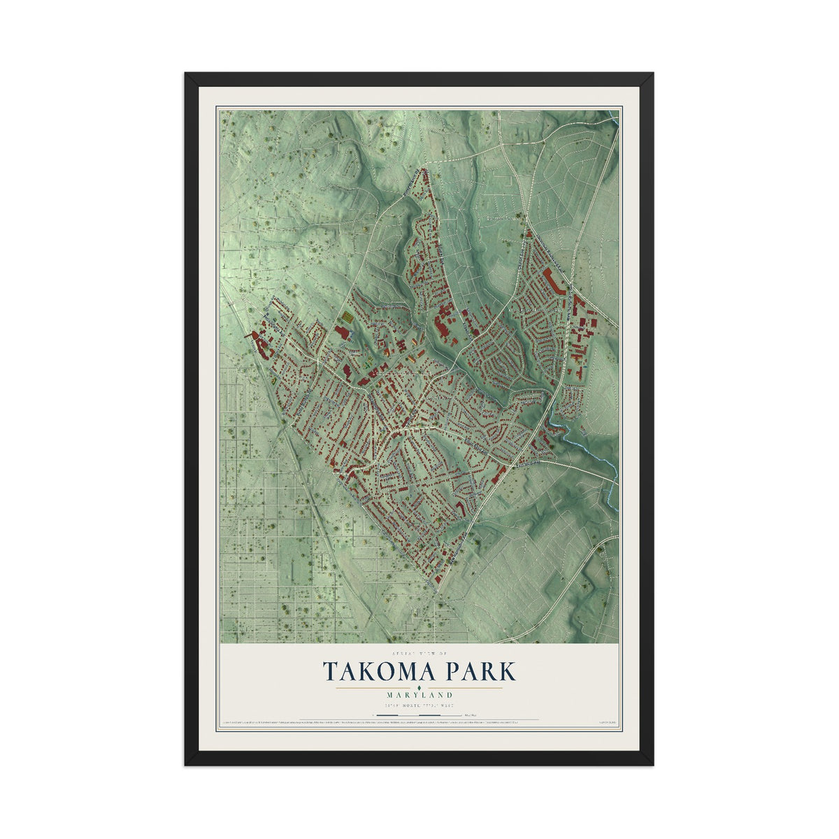Map of Takoma Park, Maryland, 12 x 18 inch print in a black wood frame