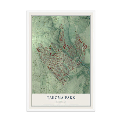 Map of Takoma Park, Maryland, 12 x 18 inch print in a white wood frame