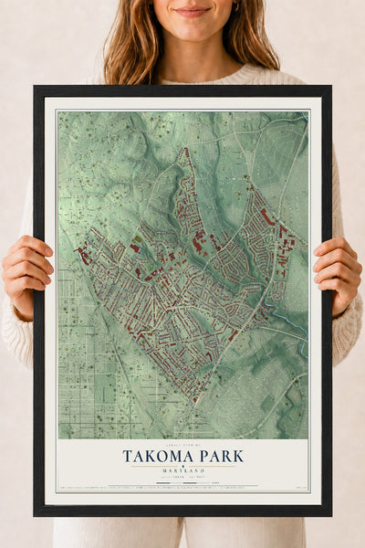 Map of Takoma Park, Maryland, 18 x 24 inch print in a black wood frame