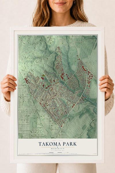 Map of Takoma Park, Maryland, 18 x 24 inch print in a white wood frame