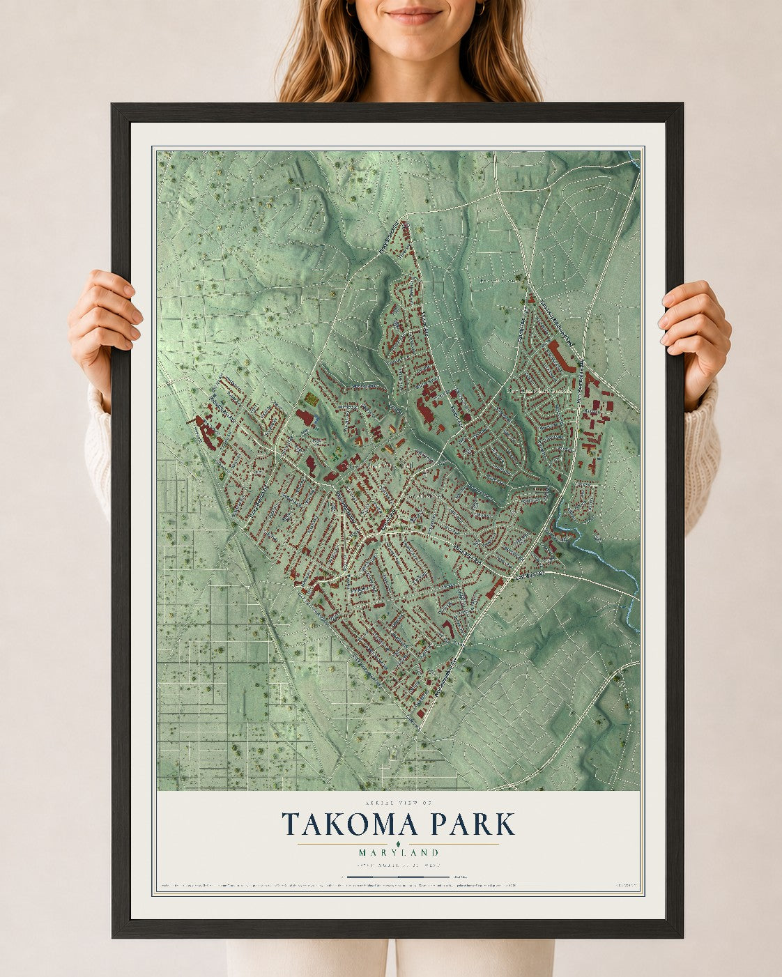 Map of Takoma Park, Maryland, 24 x 36 inch print in a black wood frame