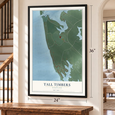 Tall Timbers, Maryland map, 24 x 36 inch print in a black frame by a staircase