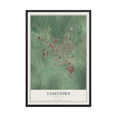 Map of Taneytown, Maryland, 12 x 18 inch print in a black wood frame