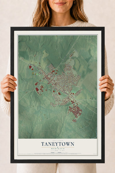 Map of Taneytown, Maryland, 18 x 24 inch print in a black wood frame