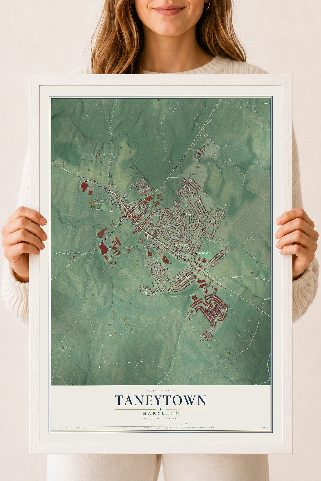 Map of Taneytown, Maryland, 18 x 24 inch print in a white wood frame