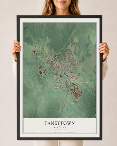 Map of Taneytown, Maryland, 24 x 36 inch print in a black wood frame