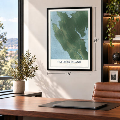 Taylors Island, Maryland map, 18 x 24 inch print in a black frame in a home office
