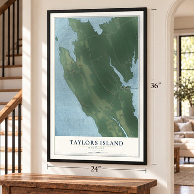 Taylors Island, Maryland map, 24 x 36 inch print in a black frame by a staircase