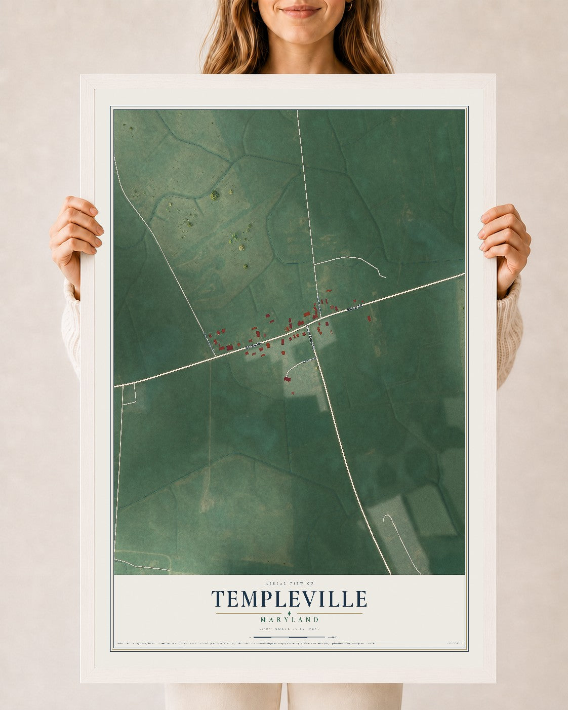Map of Templeville, Maryland, 24 x 36 inch print in a white wood frame