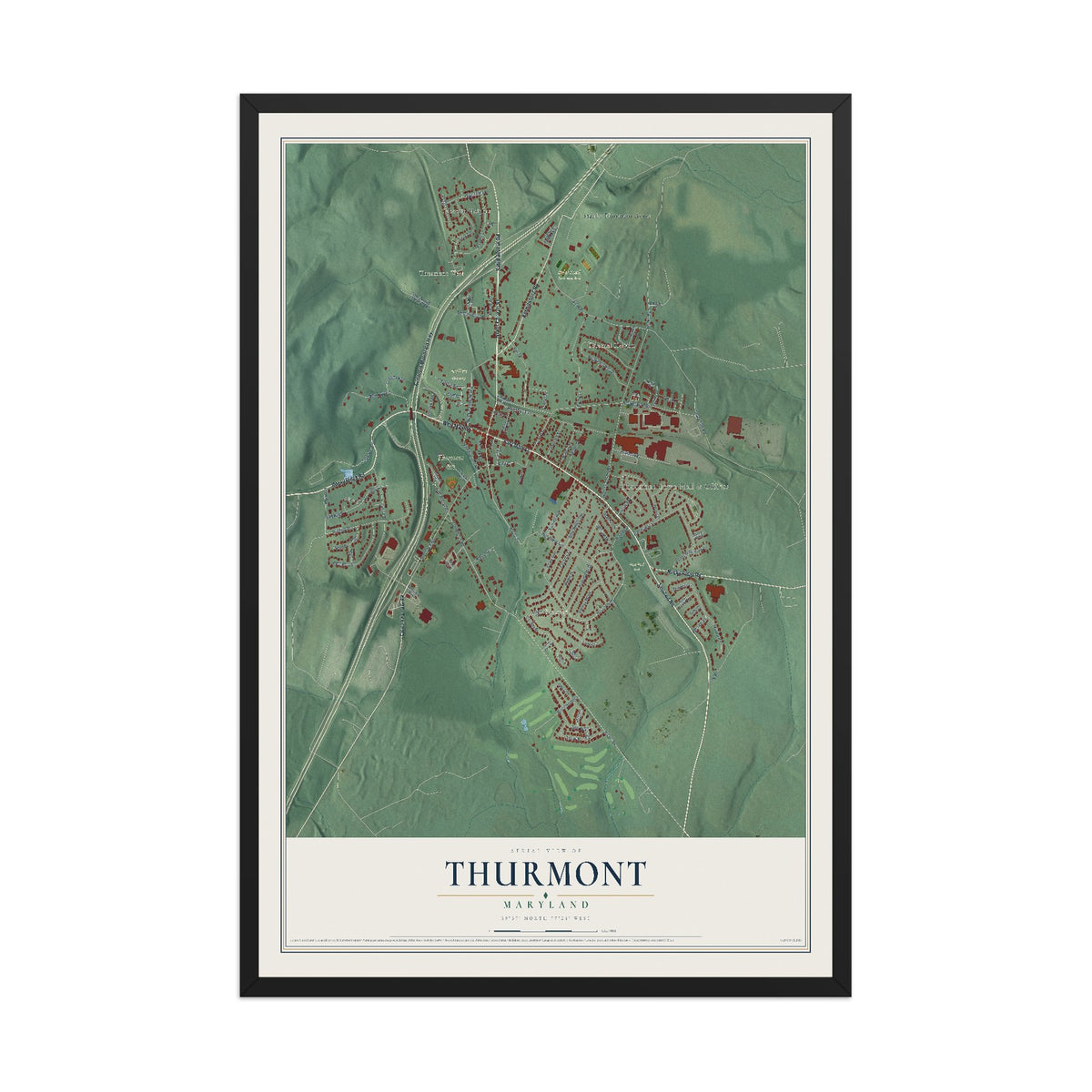 Map of Thurmont, Maryland, 12 x 18 inch print in a black wood frame