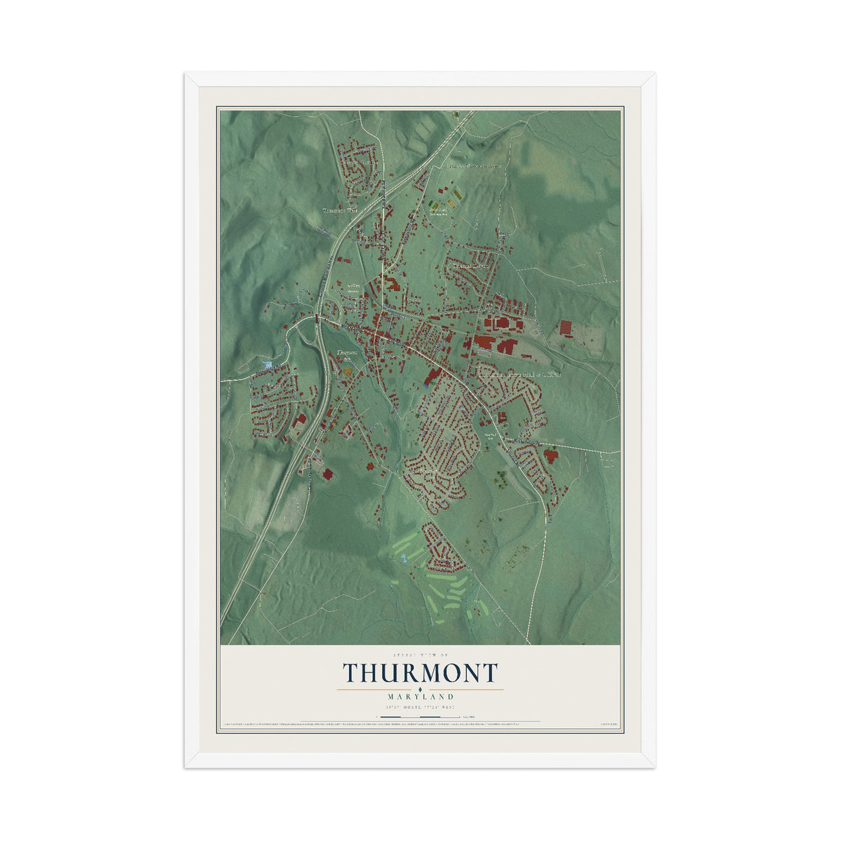 Map of Thurmont, Maryland, 12 x 18 inch print in a white wood frame