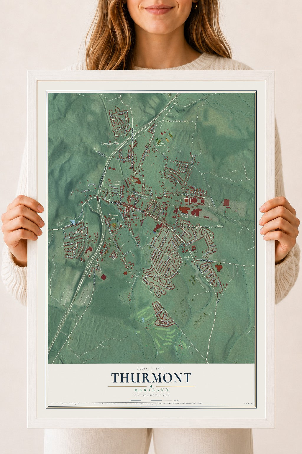 Map of Thurmont, Maryland, 18 x 24 inch print in a white wood frame