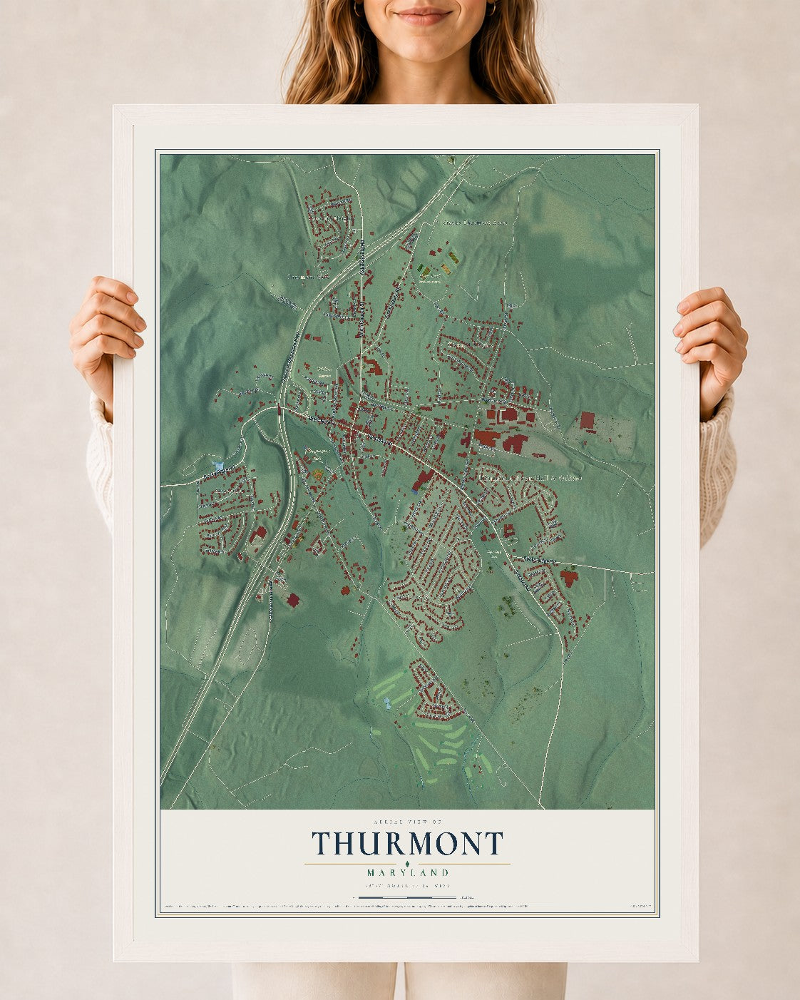 Map of Thurmont, Maryland, 24 x 36 inch print in a white wood frame