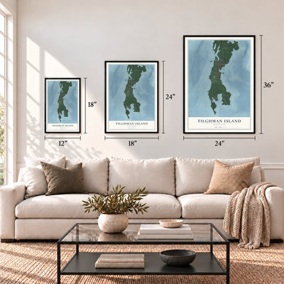 Tilghman Island, Maryland map in 12 x 18, 18 x 24 and 24 x 36 inch sizes above a sofa