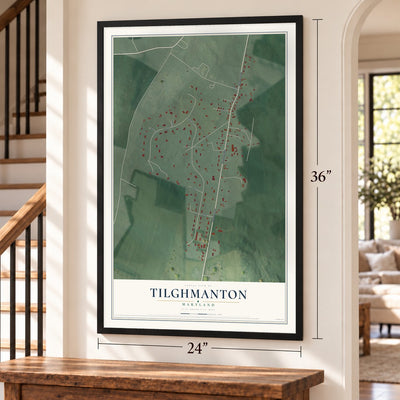 Tilghmanton, Maryland map, 24 x 36 inch print in a black frame by a staircase