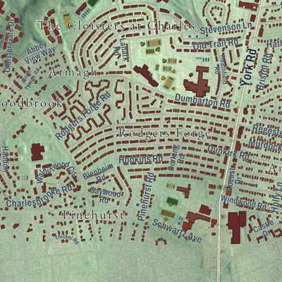 Close-up of the map of Towson, Maryland print showing street and building detail