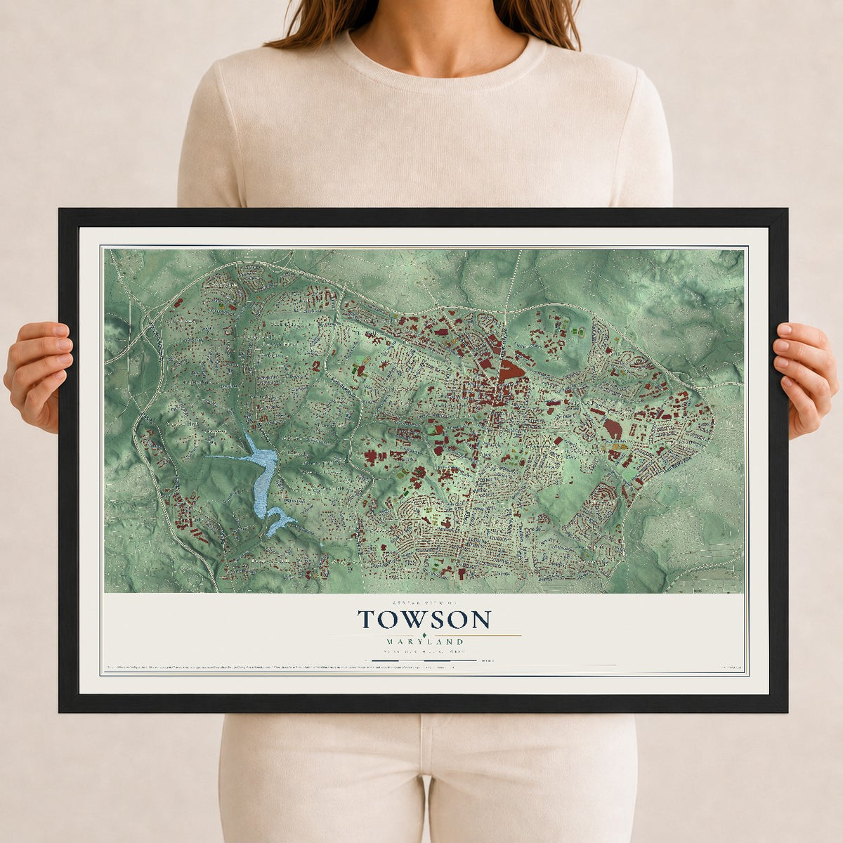 Map of Towson, Maryland, 12 x 18 inch print in a black wood frame
