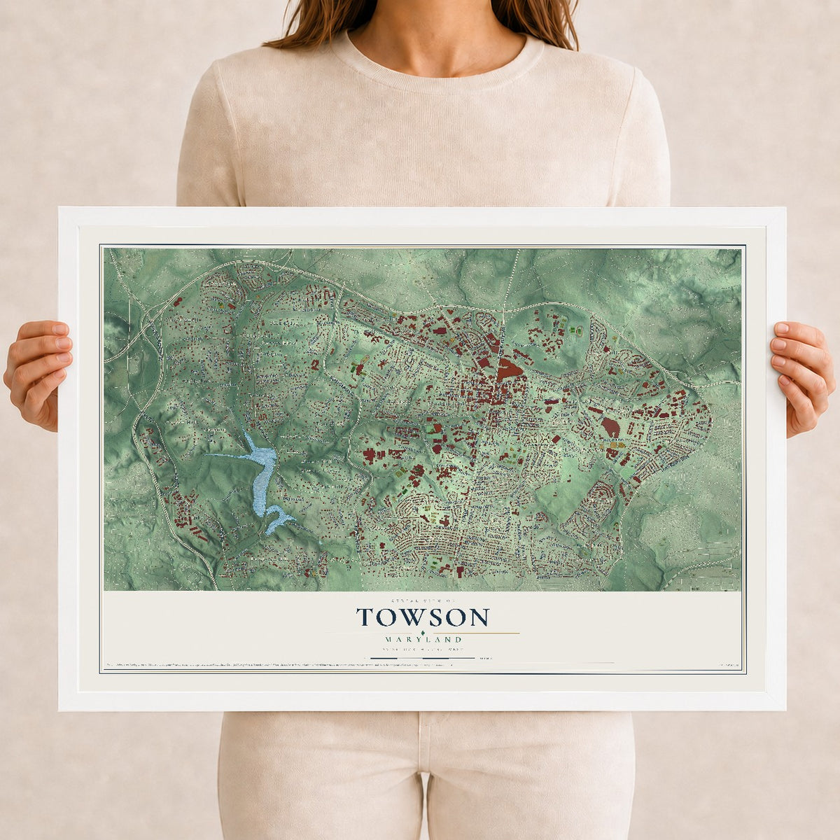 Map of Towson, Maryland, 12 x 18 inch print in a white wood frame
