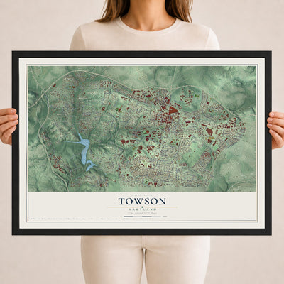 Map of Towson, Maryland, 18 x 24 inch print in a black wood frame